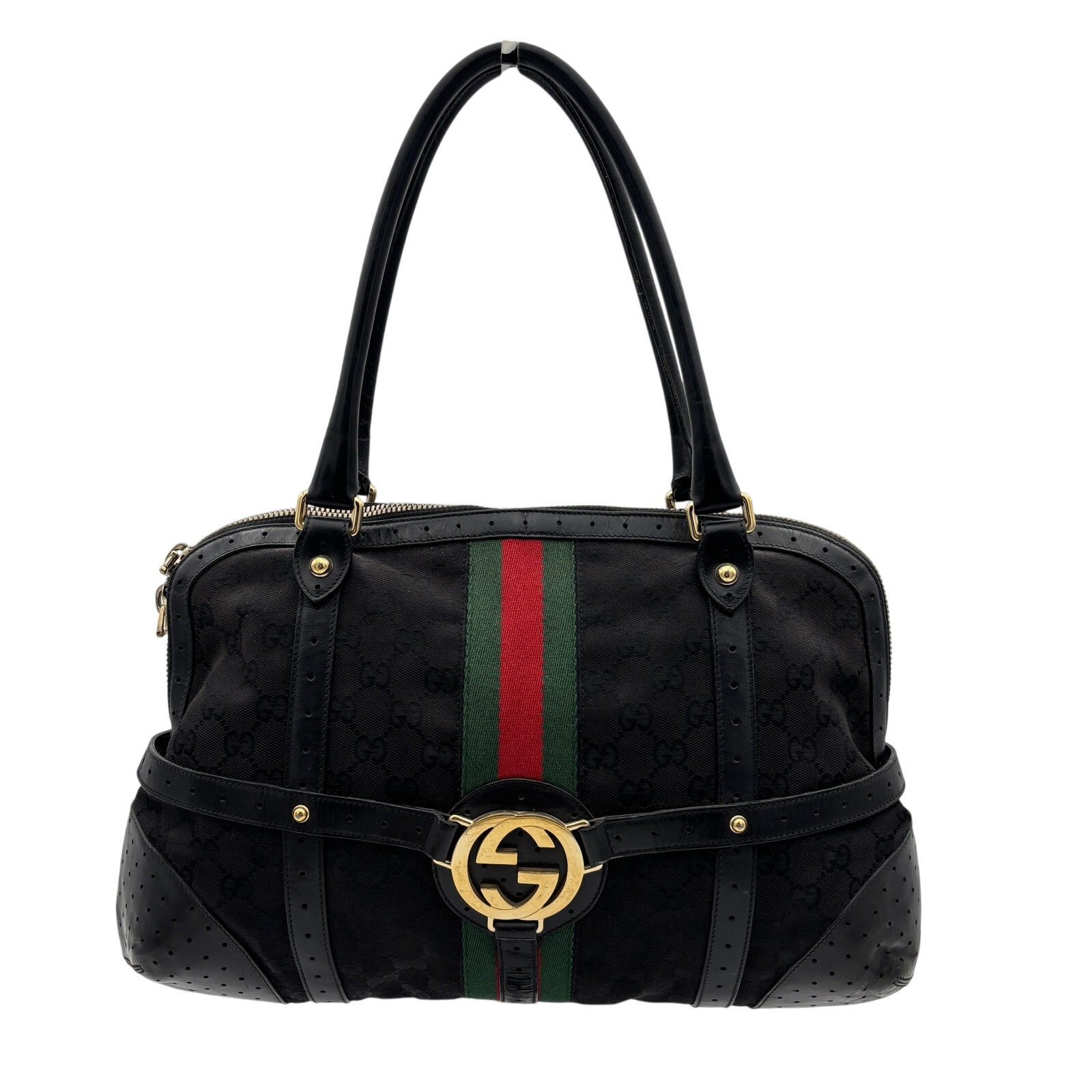 Gucci Black With Green And Red Web Leather Satchel